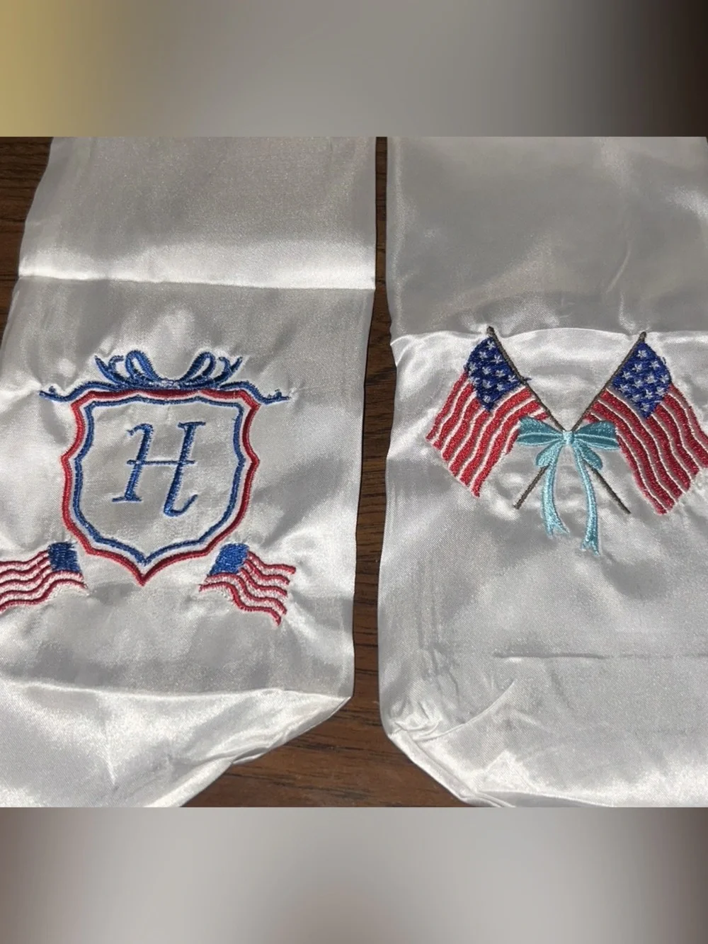 White Satin Scarf with Embroidered American Flags